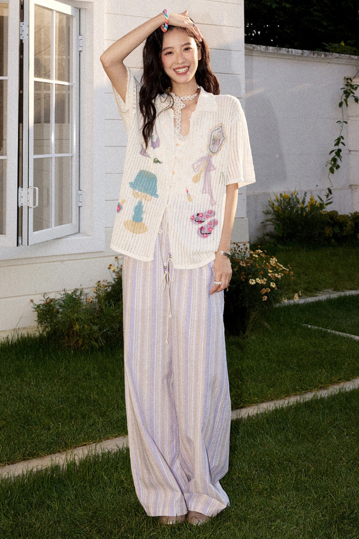 Perforated Long-Sleeved Vertical Stripe Printed Knit Set-Up