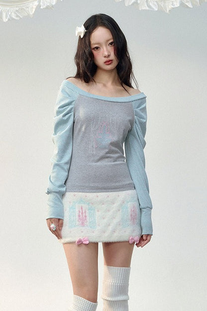컬러 블록 라인스톤 긴소매 티셔츠