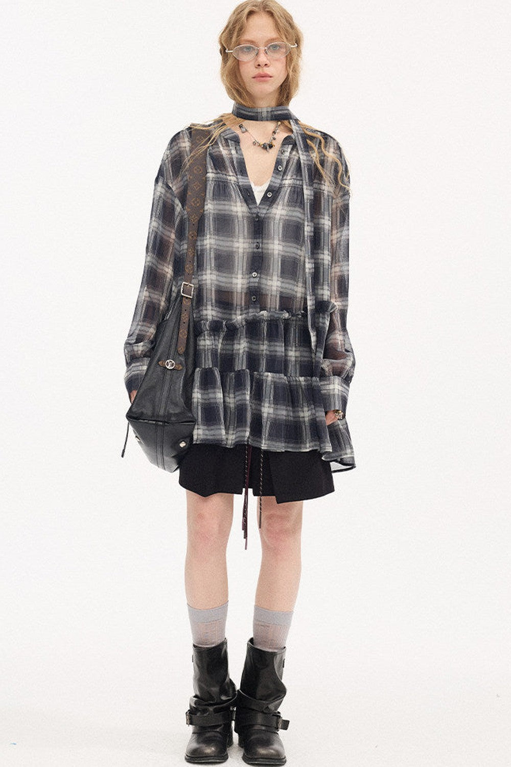 Drop Shoulder Plaid Blouse