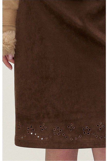 Retro Suede Embroidered Floral Midi Skirt