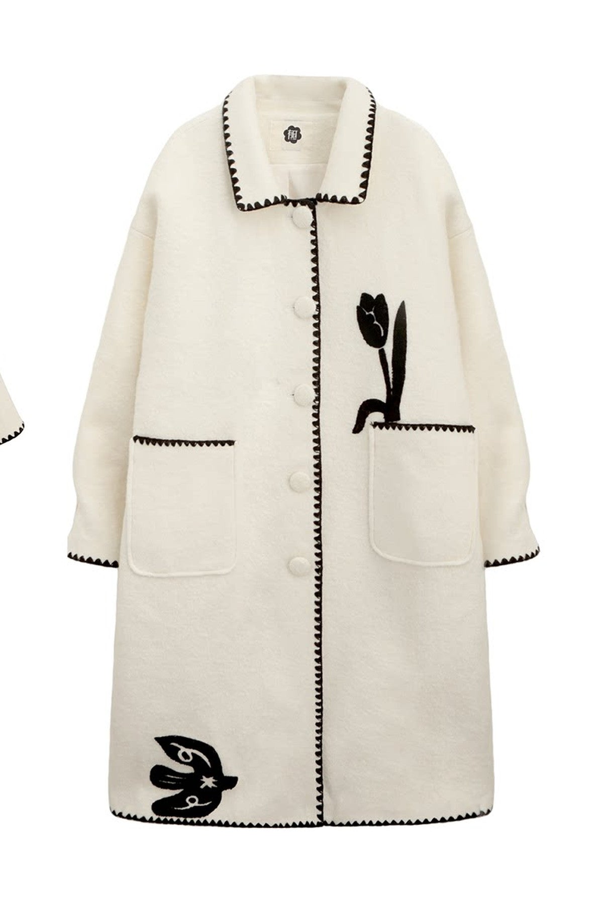 Cappotto lungo in lana ricamato con collo a scialle a tulipano