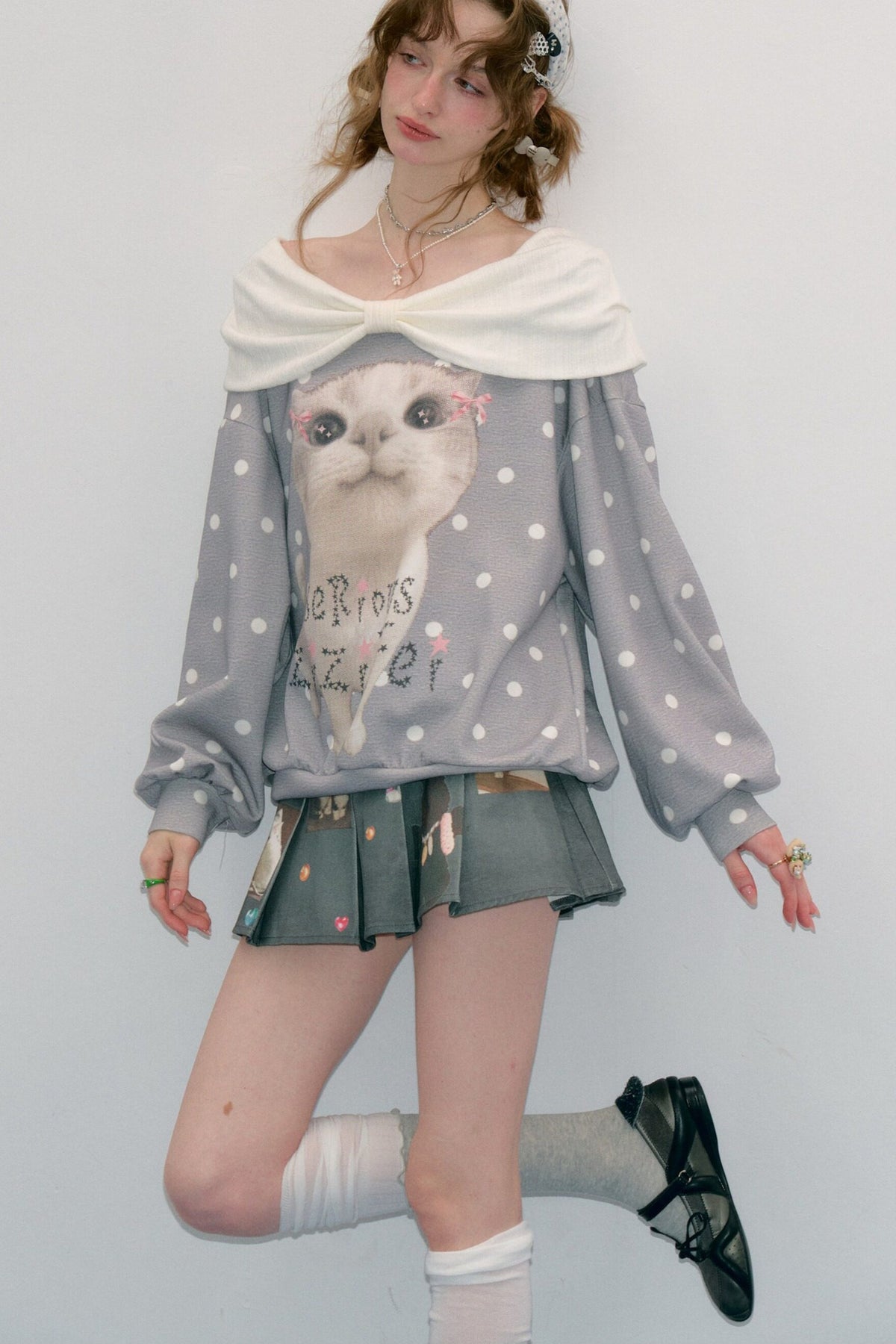Cat Print Polka Dot Sweatshirt