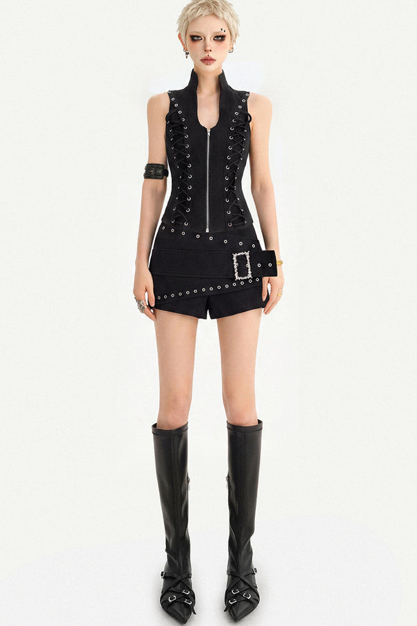 Black Lace-Up Zipper Camisole Top