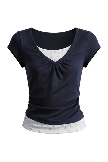 Floral Ruched Fake Two-Piece T-Shirt