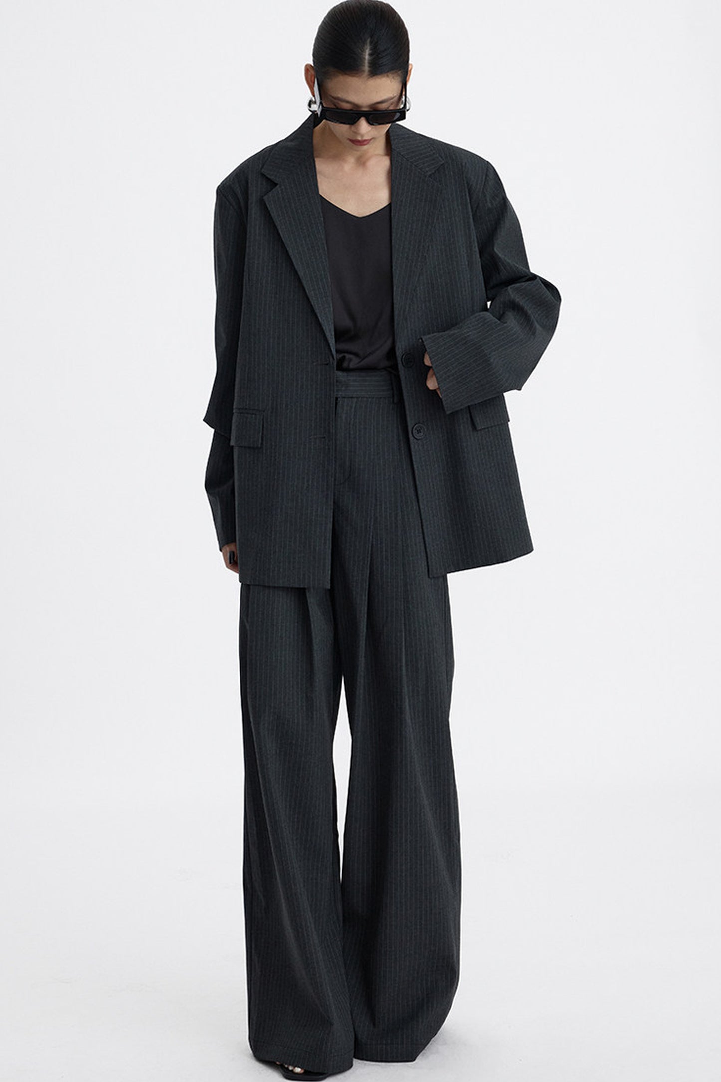 Pleated Pinstripe Wide-Leg Trousers
