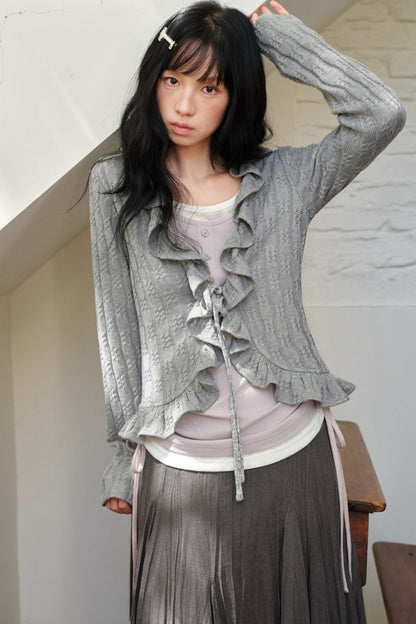 Gray Ruffled Cardigan And Inner Top Set-Up