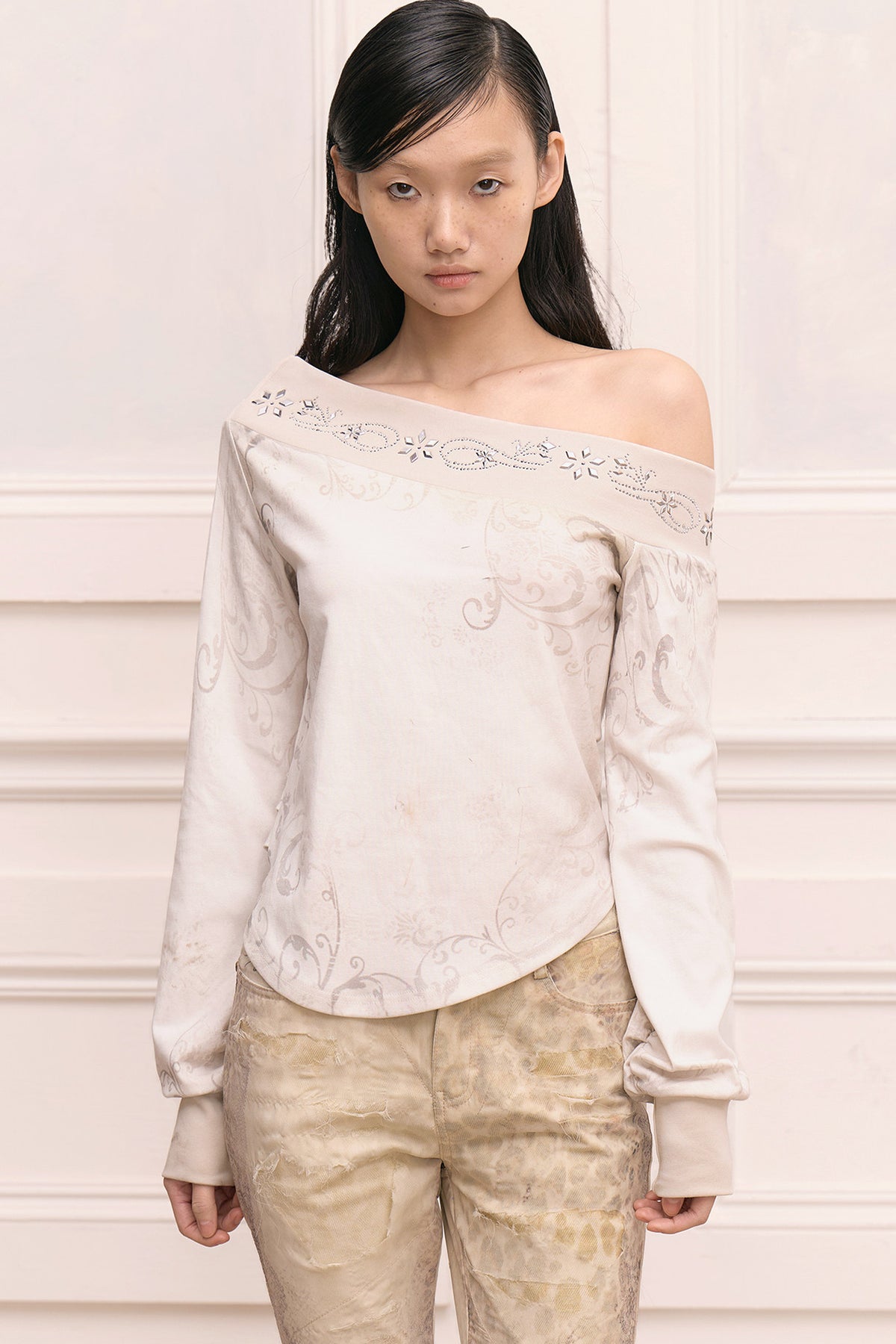 Rhinestone Vintage Print Off-Shoulder Top