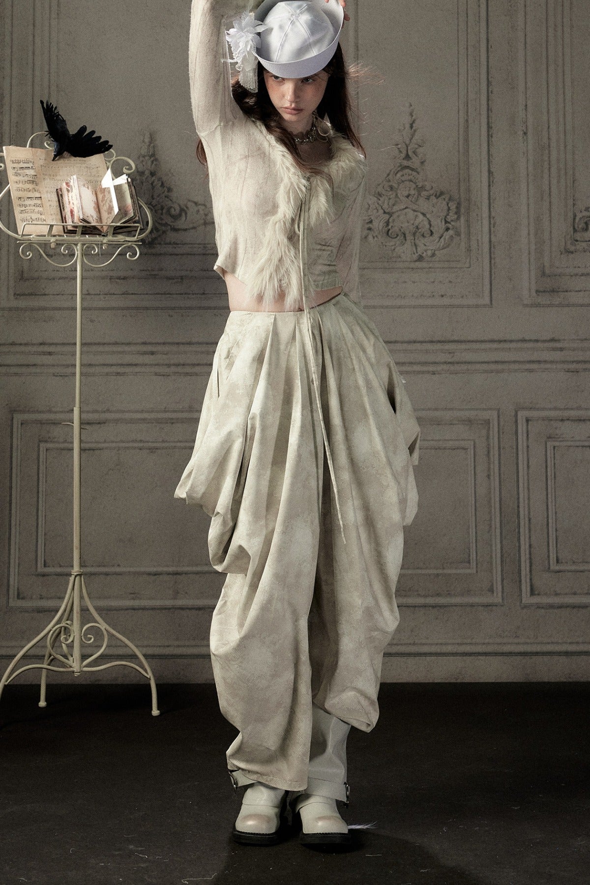 Beige Asymmetrical Stacked Long Pants