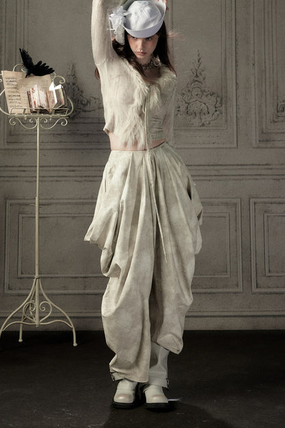 Beige Asymmetrical Stacked Long Pants