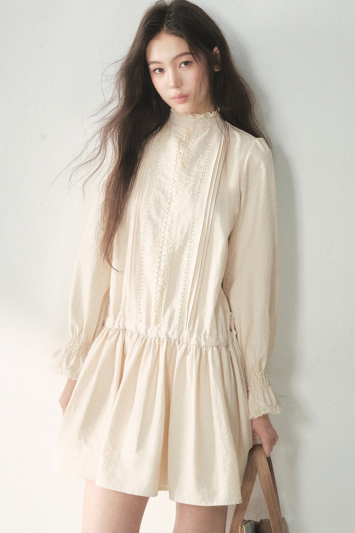 Lace High Collar Ruffle Dress