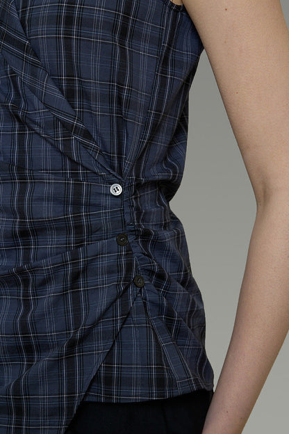 Navy Plaid Pleated Top