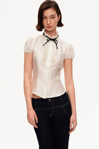 White Tencel Satin Puff Sleeve T-Shirt