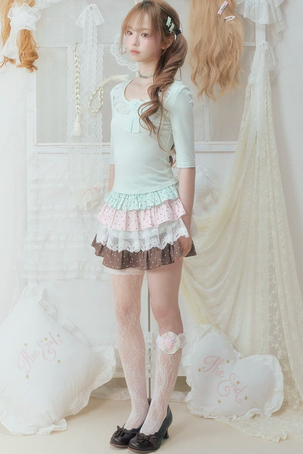 T-shirt verde menta plissettata in tulle con fiocco