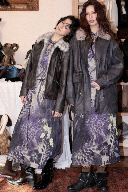 Fleece-Lined Detachable Fur Collar Leather Jacket