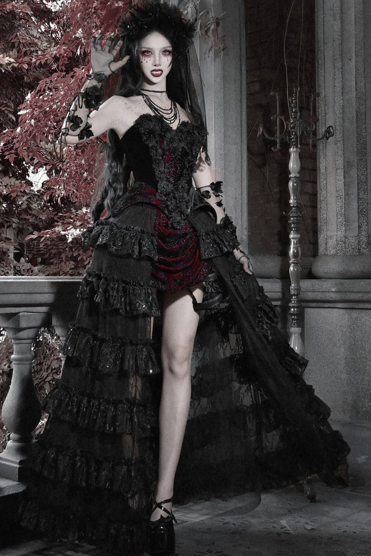 Ensemble blouse corset gothique en velours cramoisi