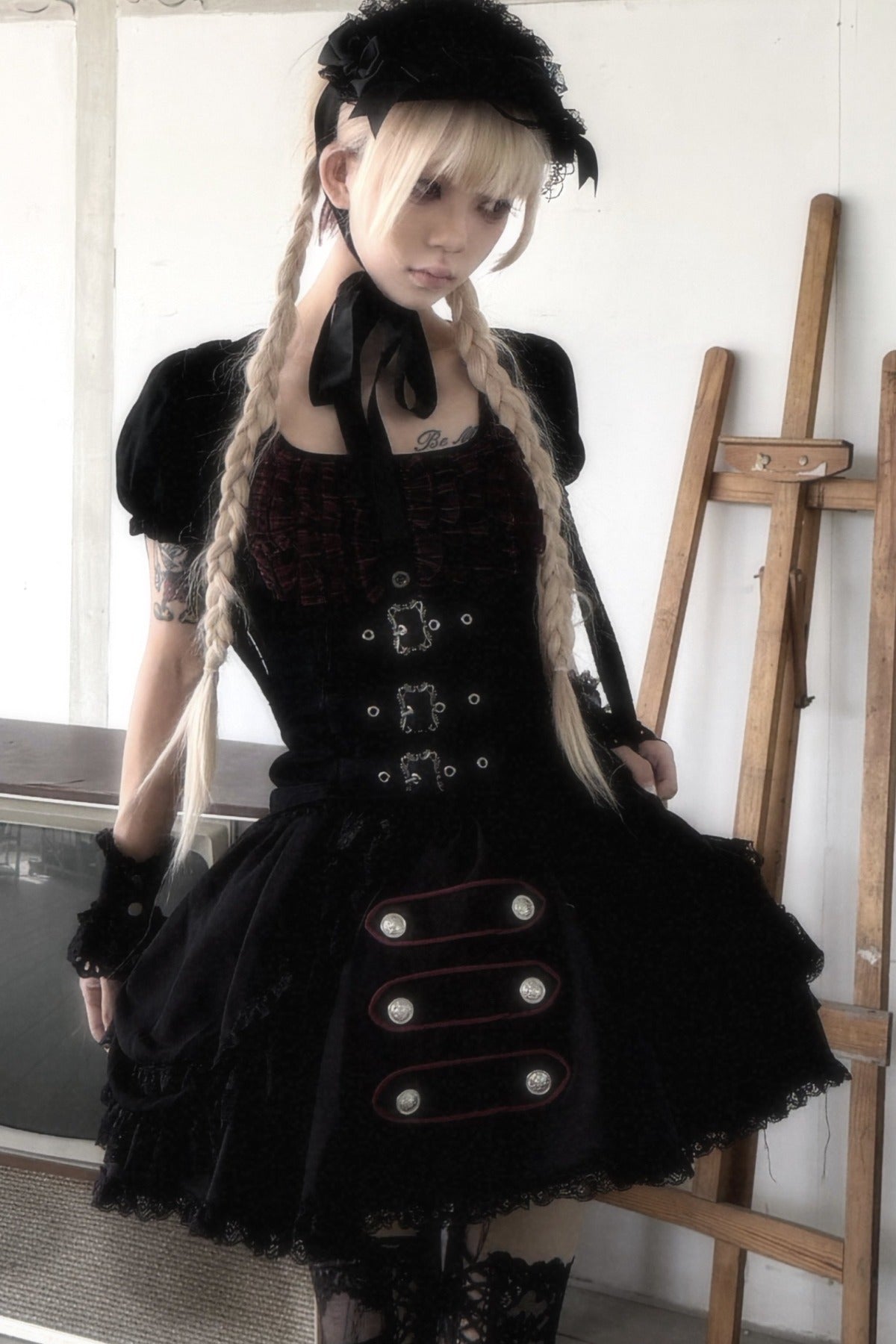 Plaid Puff Sleeve Knit Top and Mesh Cake Skirt Set-Up