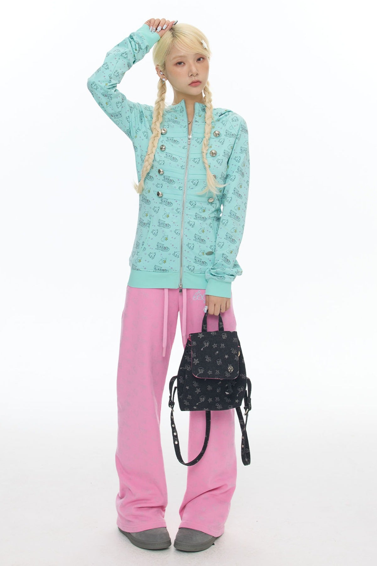 Mint Green Frog Double-Breasted Zipper Jacket