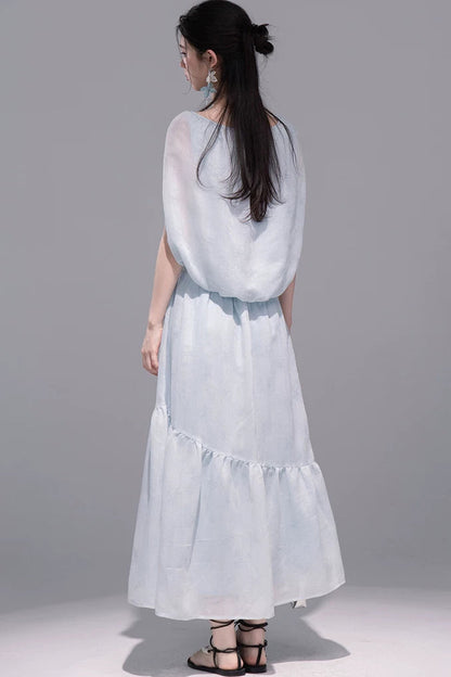 Elegant Ice Blue Linen Cape Set