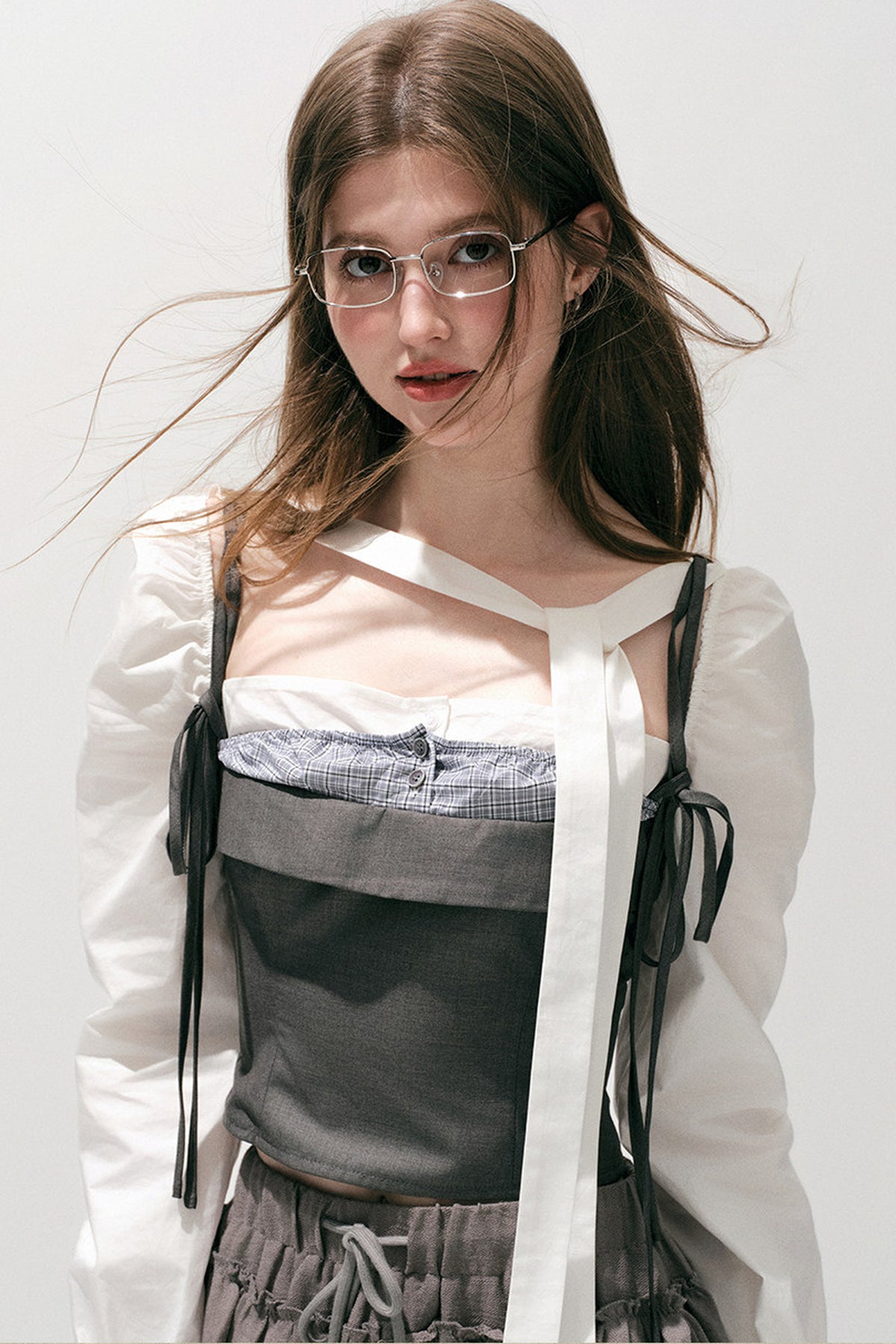 Plaid Layered-Look Off-Shoulder Shirt