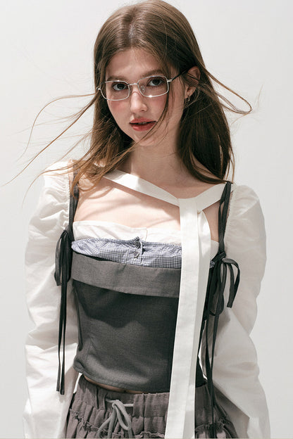 Plaid Layered-Look Off-Shoulder Shirt