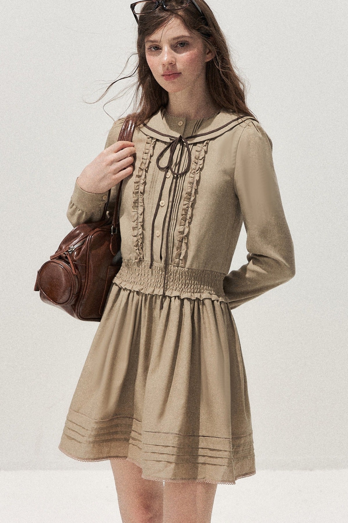 100% Lyocell Navy Collar Waist-Cinching Dress