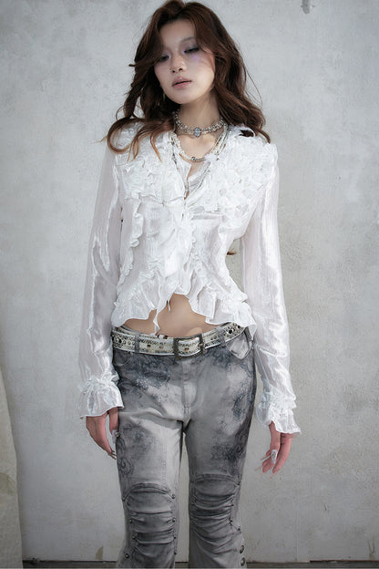 Ruffle Trim Tie Waist Long-Sleeved Blouse