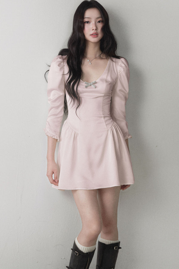 Glossy Satin Bow U-Neck Dress