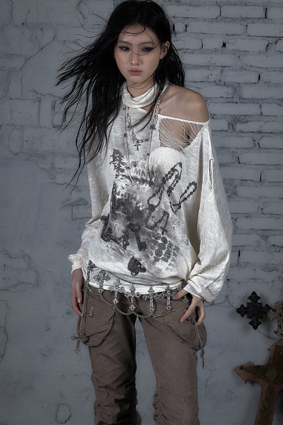 Ripped Off-Shoulder Punk Print Knit Top
