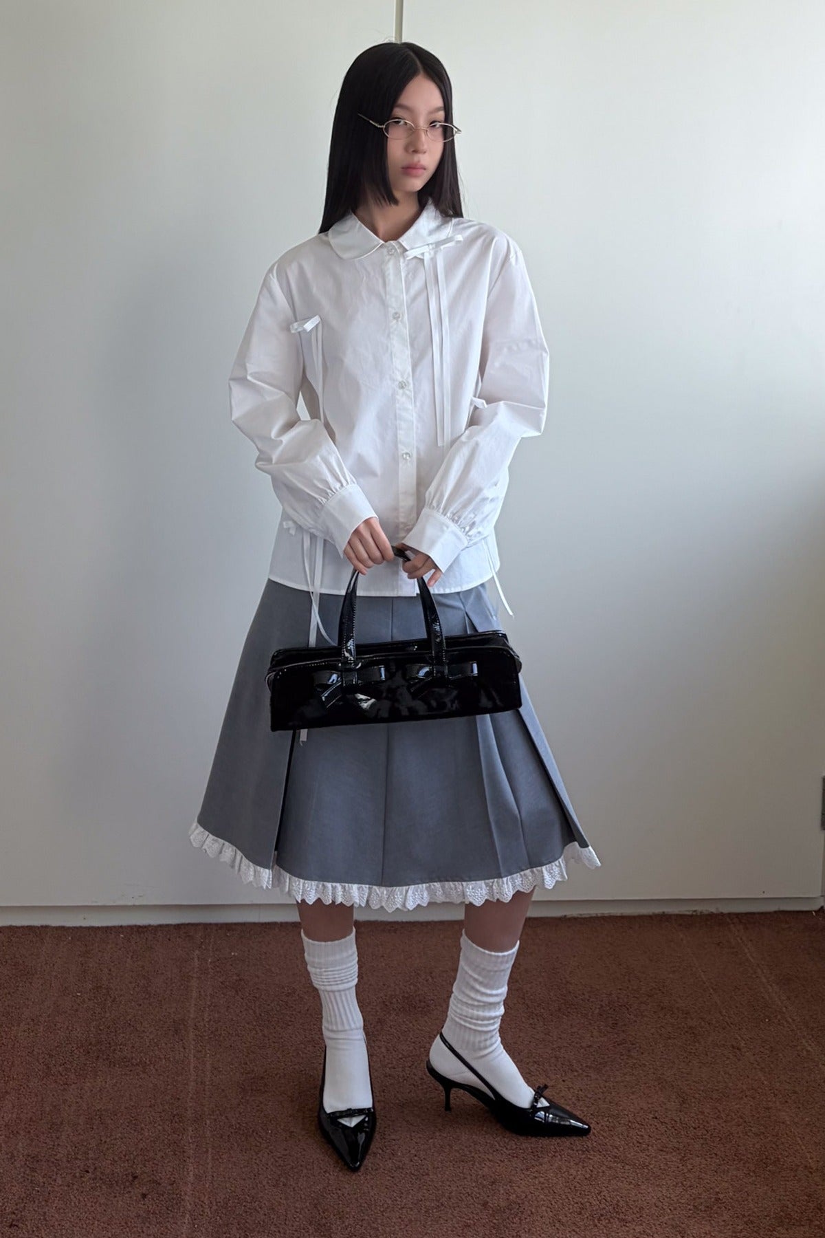Gray Pleated Lace A-Line Skirt