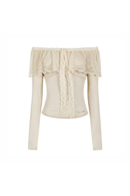 Two-Way Tencel Lace Patchwork Off-Shoulder T-Shirt