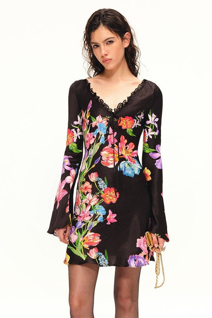 Floral Rayon V-Neck Bell Sleeve Dress
