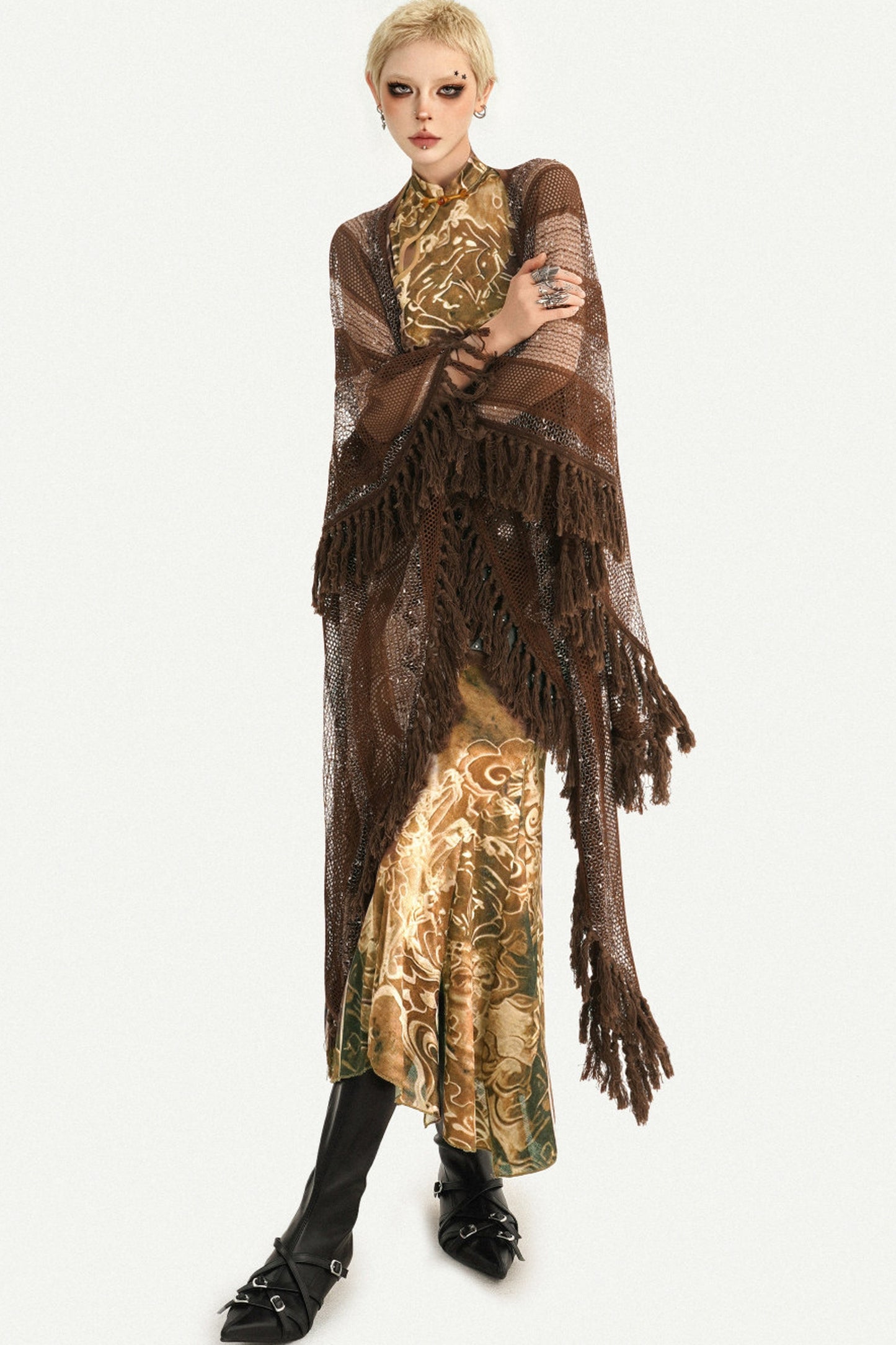 Long Brown Tassel Mesh Cardigan