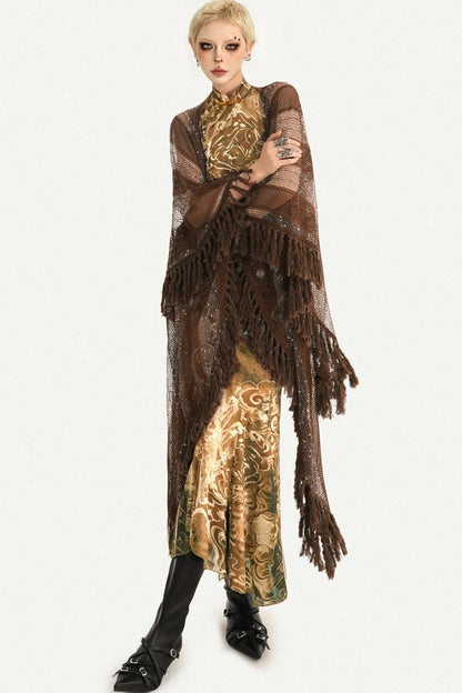 Long Brown Tassel Mesh Cardigan