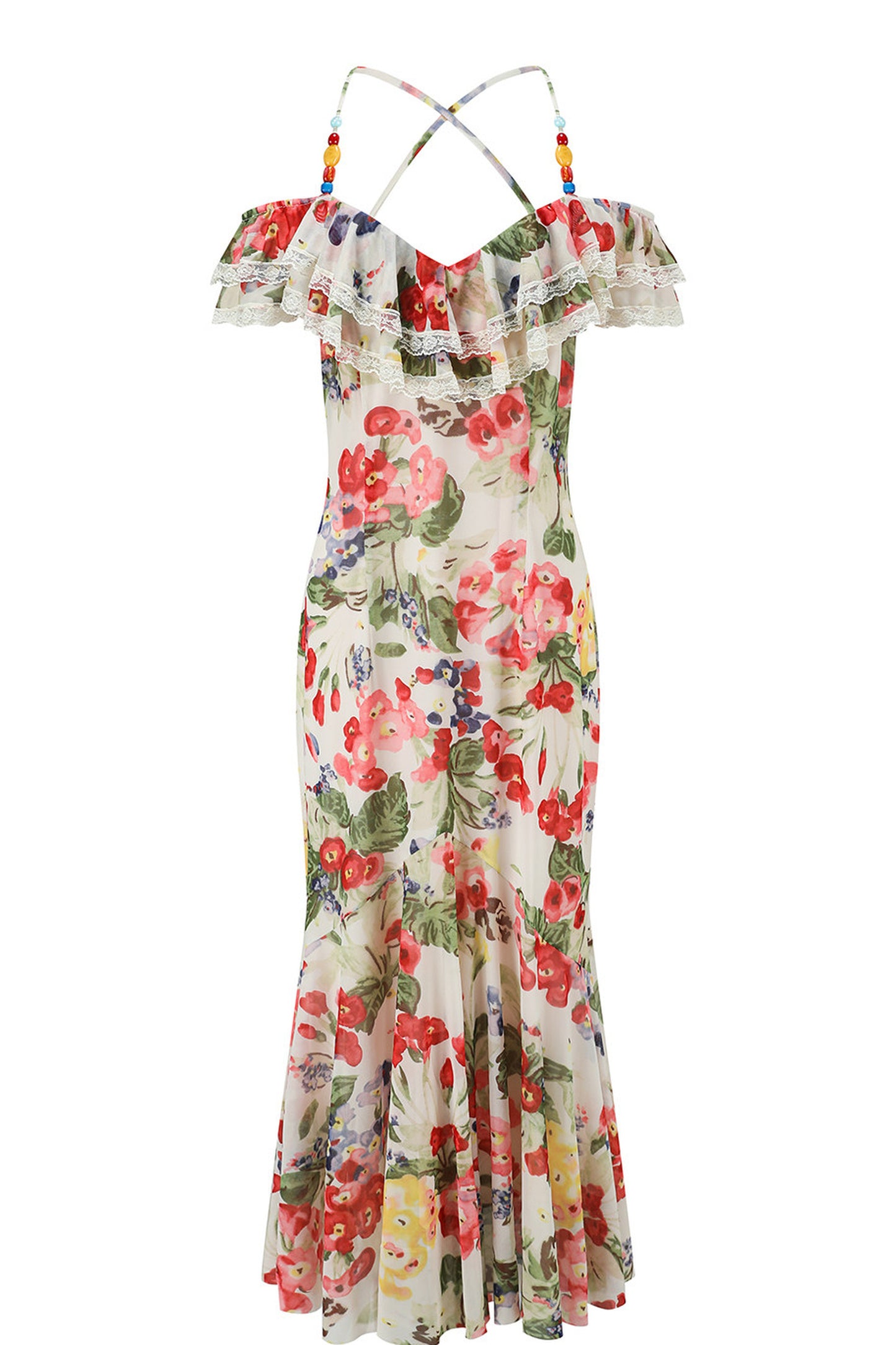 Floral Ruffled Elastic Mesh Long Dress