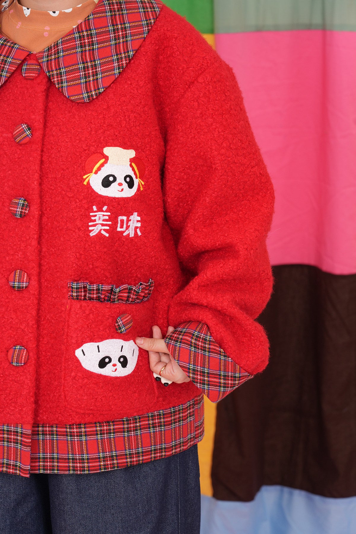 Two-Tone Panda Embroidered Wool Jacket