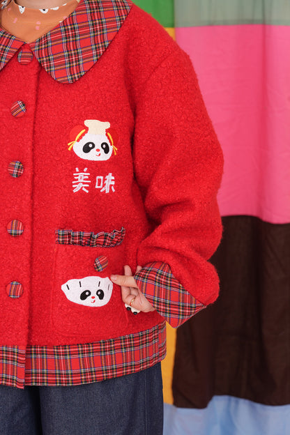 Two-Tone Panda Embroidered Wool Jacket