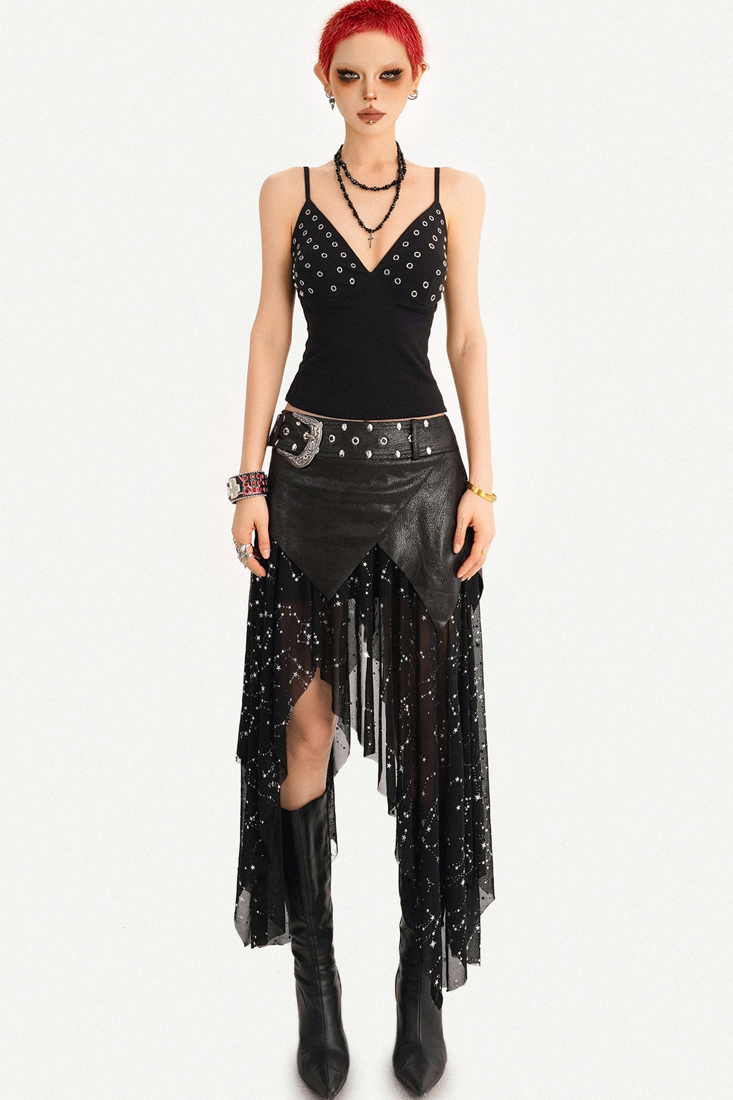 Gothic Mesh Asymmetrical Maxi Skirt Set-Up