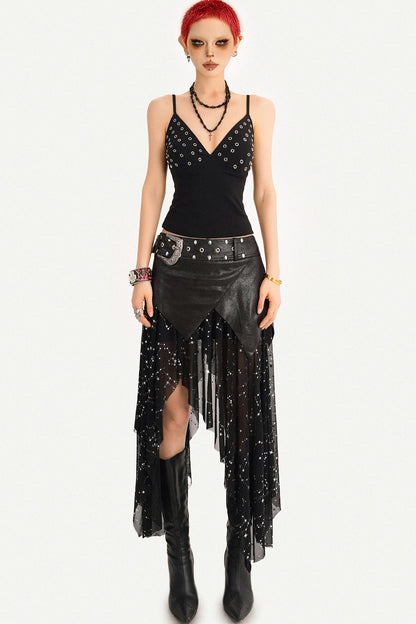 Gothic Mesh Asymmetrical Maxi Skirt Set-Up