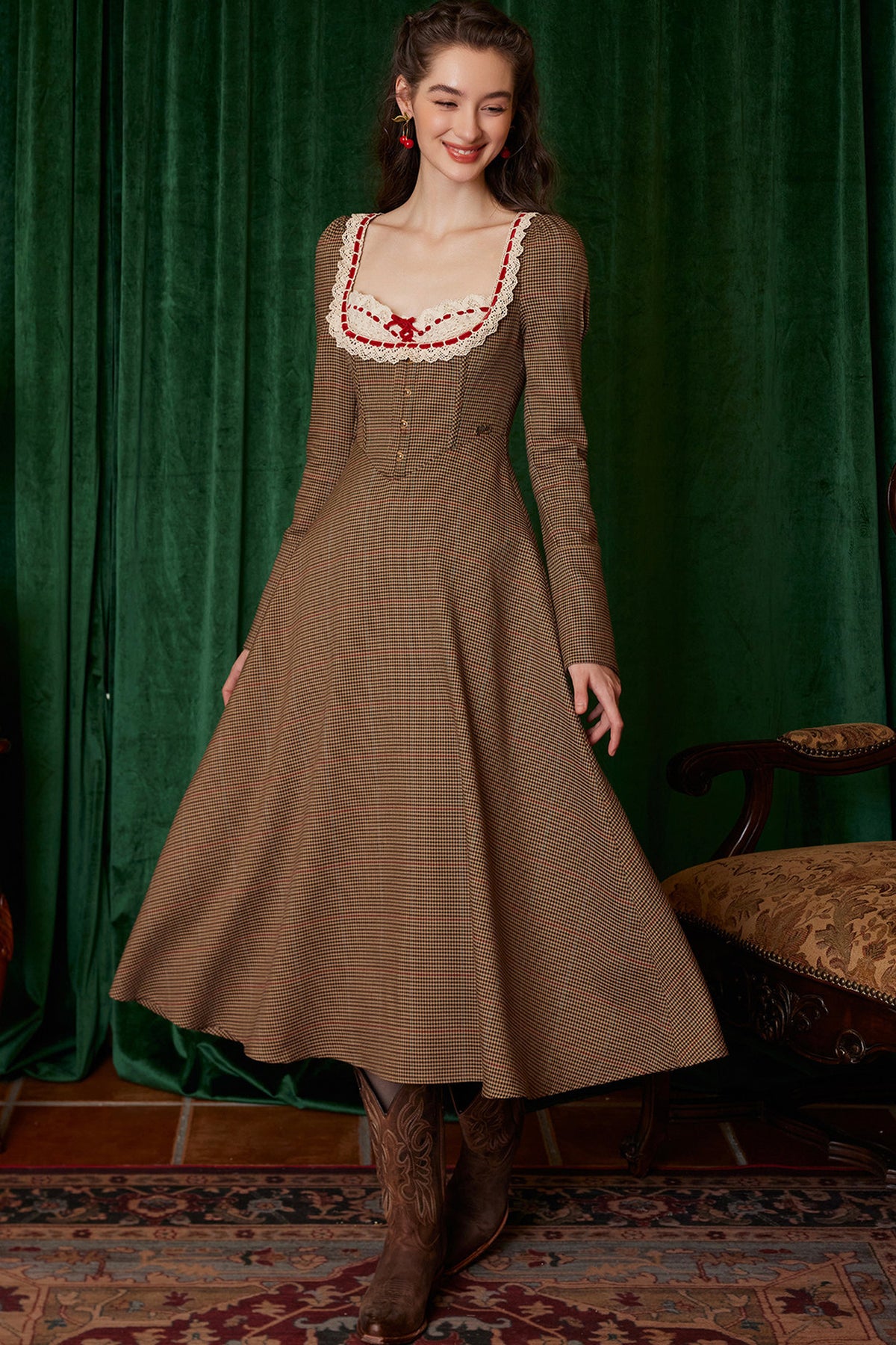 Houndstooth Long-Sleeve Fishbone Dress