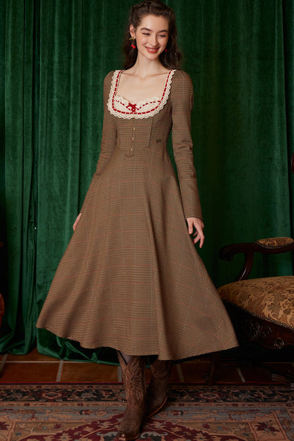 Houndstooth Long-Sleeve Fishbone Dress