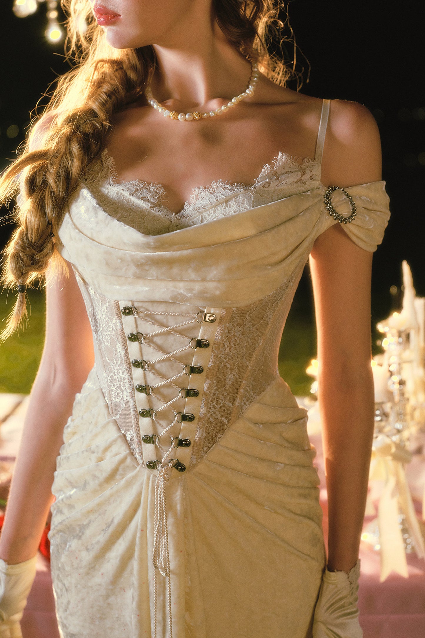 White Velvet Fishbone Corset Dress