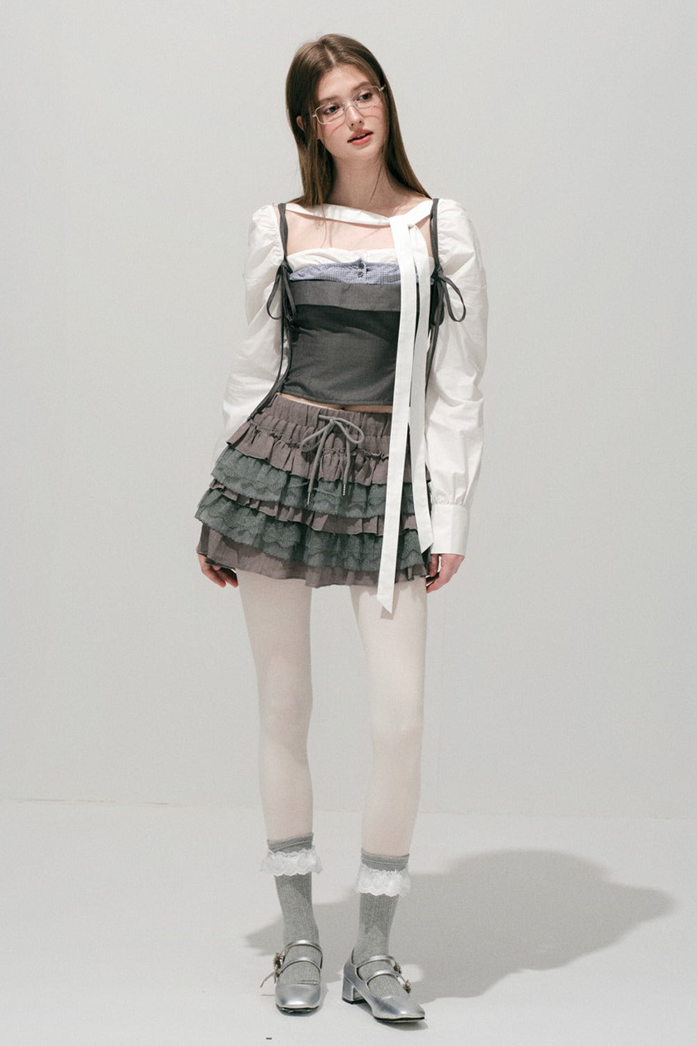 Plaid Layered-Look Off-Shoulder Shirt