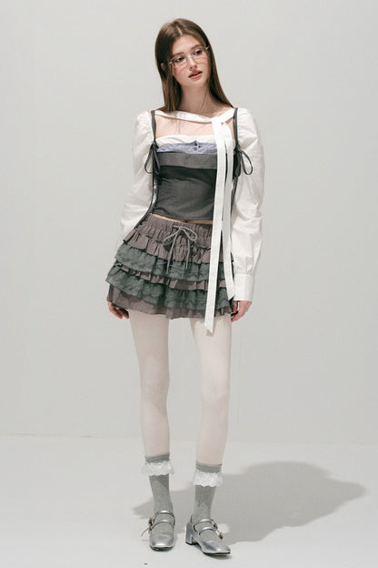 Plaid Layered-Look Off-Shoulder Shirt