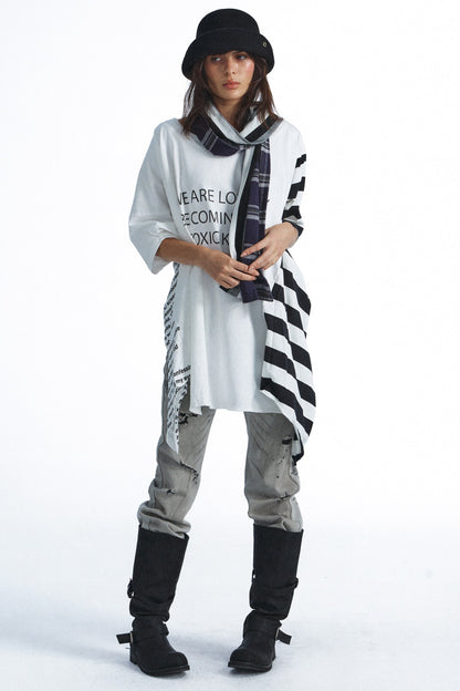 Vintage Letter Patchwork Stereo Cut Robe-Style T-shirt