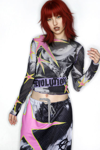 Y2K Graphic Long Sleeve Mesh Top