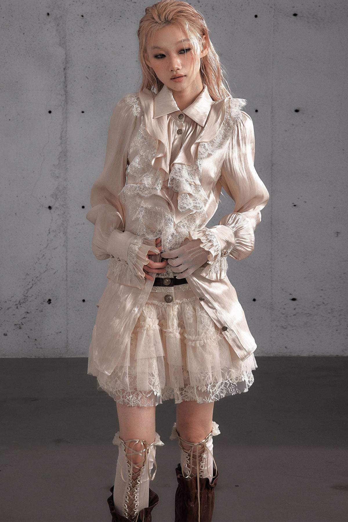 Ruffled Lace Patchwork Satin Blouse