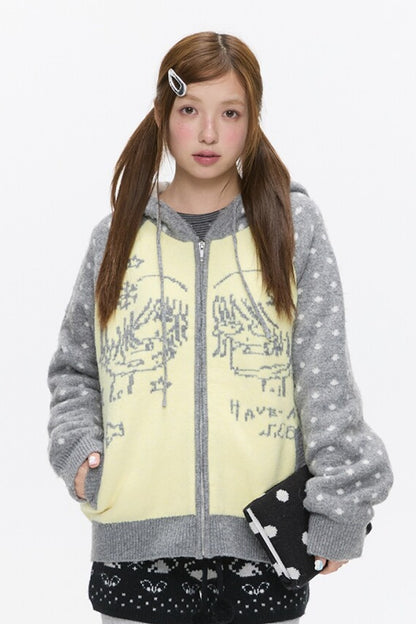 Polka Dot Raglan Zip Sweater