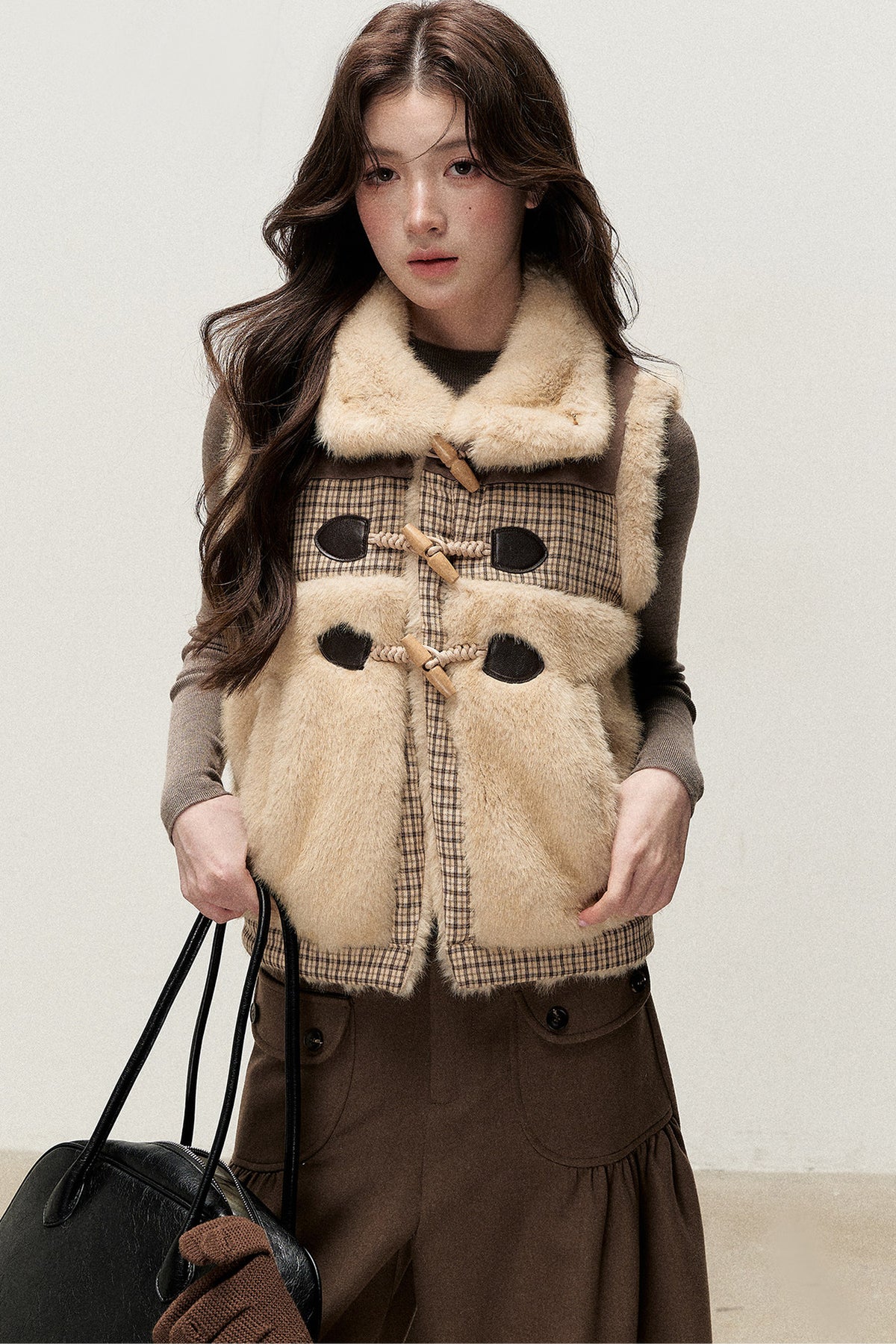 Retro Plaid Faux Fur Toggle Vest