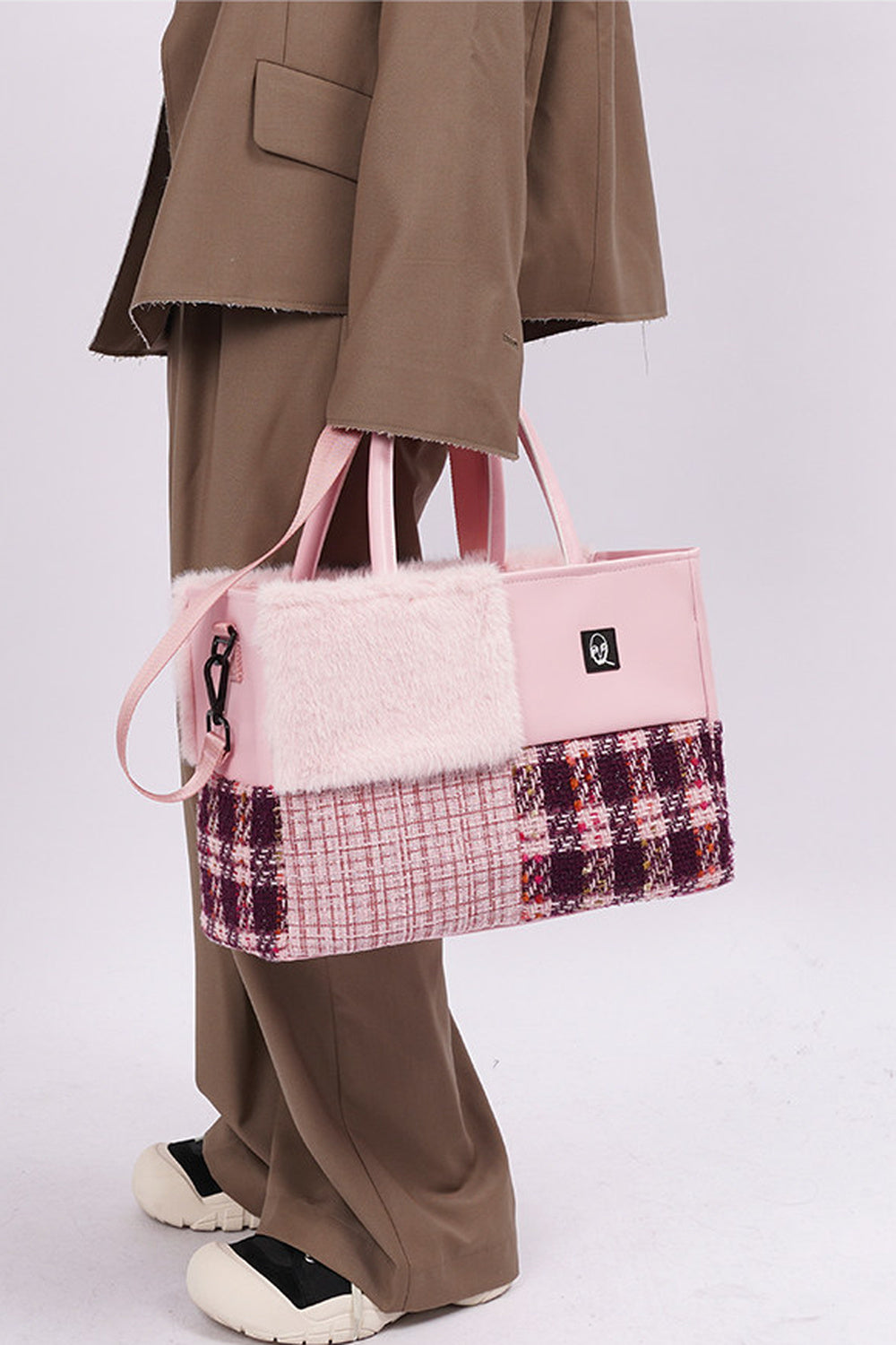 Furry Color-Block Tote Bag