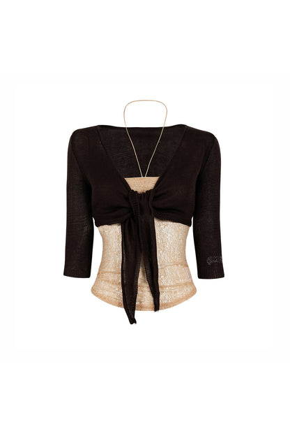 Tencel Lace-Up Mid-Sleeve Knit Sweater